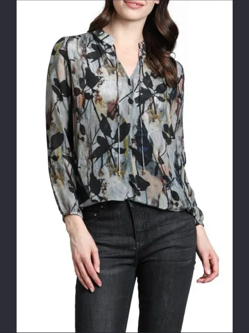 APNY Women’s Floral V-Neck Faux Wrap Blouse in Gray Size Large Work
